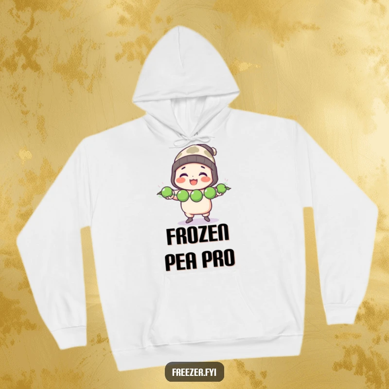 Funny hoodie with a character in a toque cheerfully juggling three frozen peas, perfect for cozying up while showing off culinary humor.