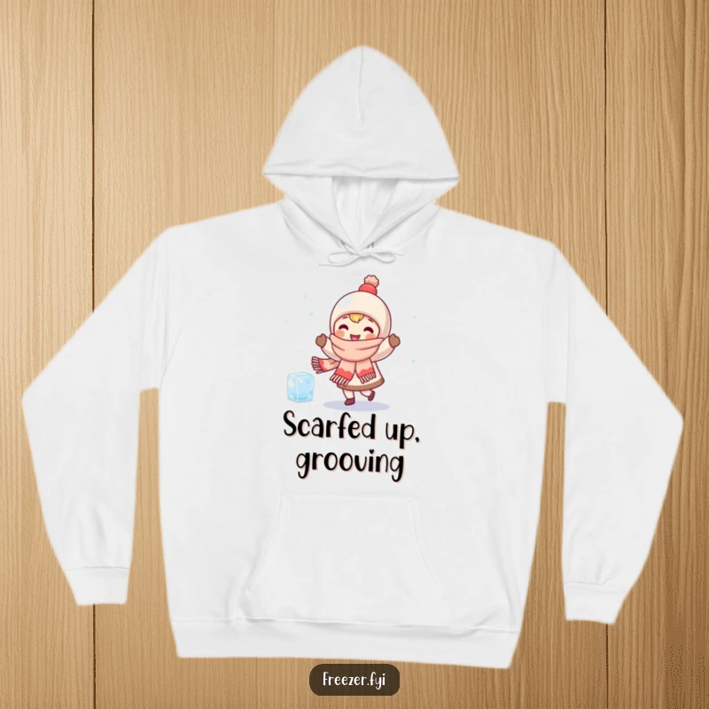 Funny hoodie with a character in a scarf happily dancing with a small, shivering ice cube, embodying cozy companionship and winter fun.