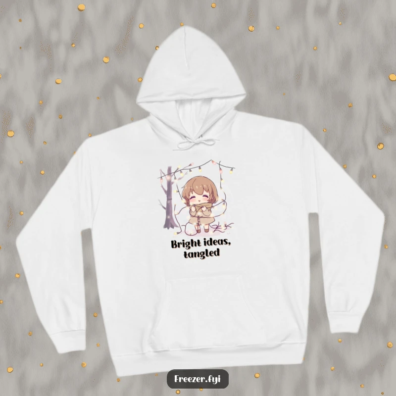 Funny hoodie depicting a character tangled in fairy lights in a cold setting, perfect for a humorous holiday gift.