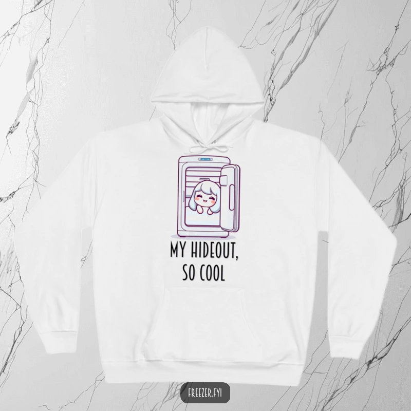 Funny hoodie featuring a character giggling inside an open freezer, perfect for a humorous and warm gift.