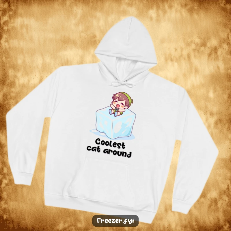 Funny hoodie depicting a character sliding down an ice cube, offering warmth and a cool, humorous winter theme.