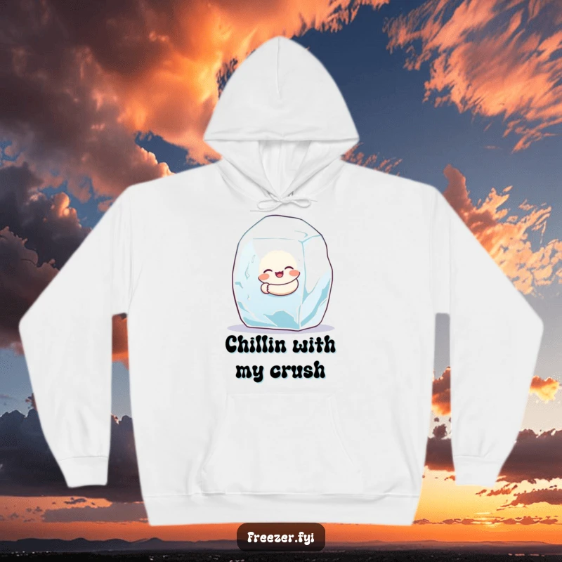 Funny hoodie depicting a small character hugging a massive ice cube, perfect for a humorous and warm gift.