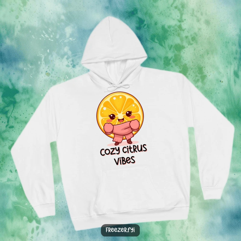 Funny hoodie depicting a joyful orange slice character in winter attire, offering warmth and cheerful citrus humor.
