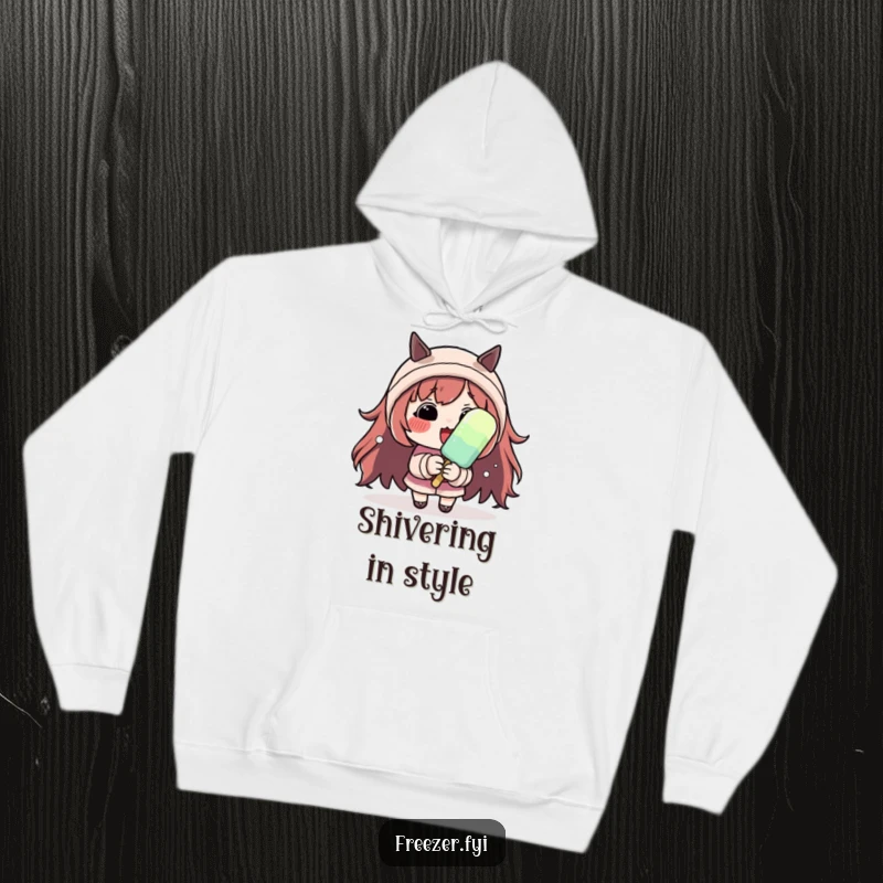 Funny hoodie with a character having rosy cheeks, shivering dramatically while holding a small popsicle, perfect for cozy, humorous warmth.