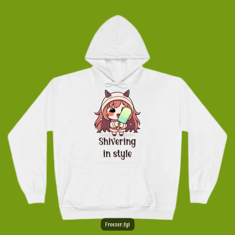 Cozy Funny Shivering Character Hoodie: Rosy Cheeks & Popsicle, Warm Humorous Gift