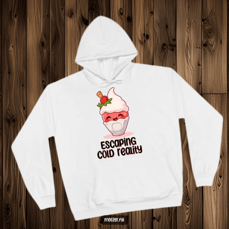 Funny hoodie depicting a giggling strawberry character escaping an ice cream scoop, offering warmth and a humorous twist.