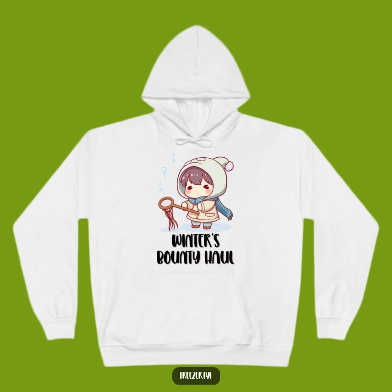 Cozy Funny Winter Hoodie: Character Catches Icicles with Net
