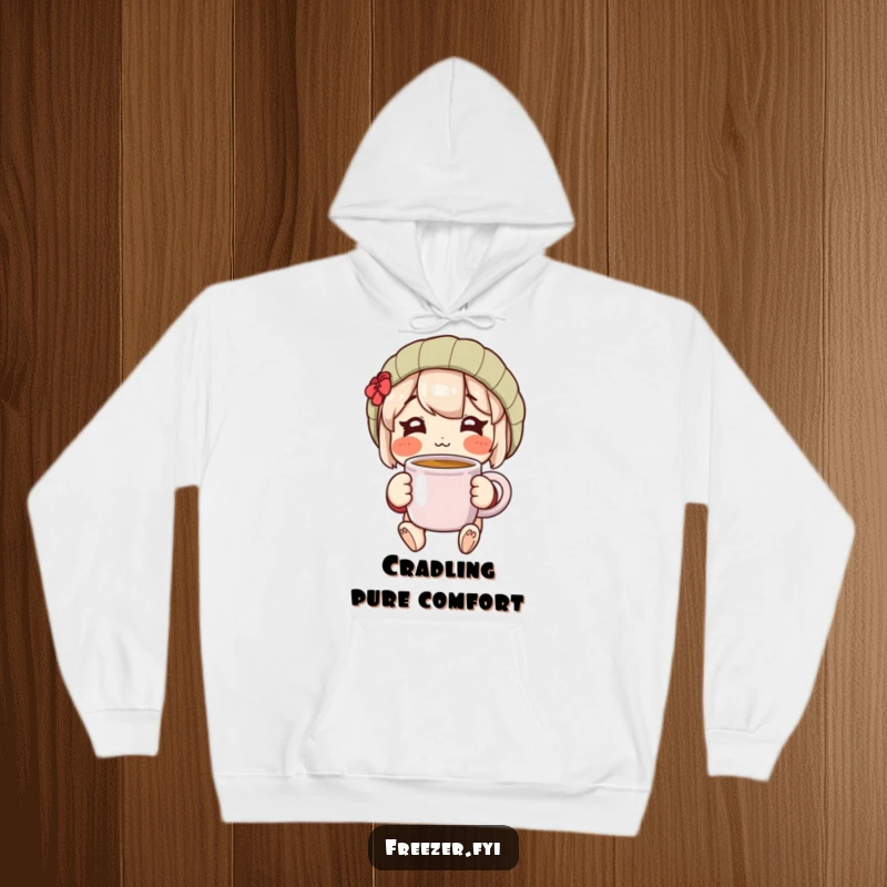 Cozy hoodie with a rosy-cheeked character happily holding a warm mug, offering warmth, comfort, and cheerful vibes.