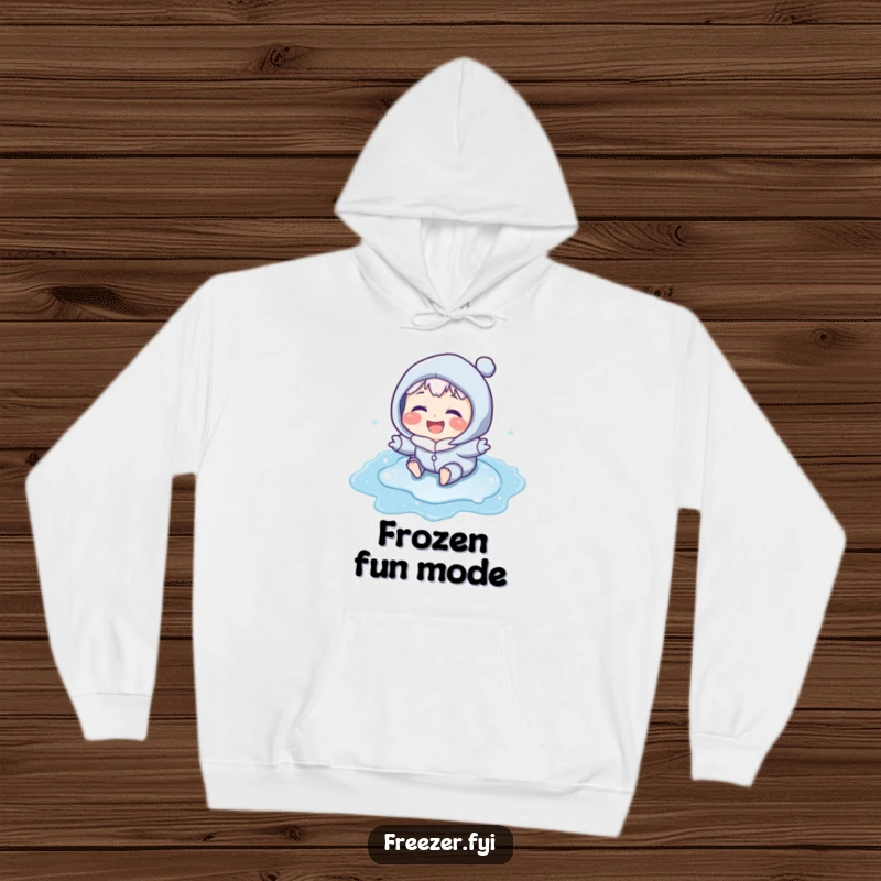 Funny hoodie displaying a character with icy blue cheeks laughing while sliding on a frozen puddle, perfect for cozy, humorous winter days.
