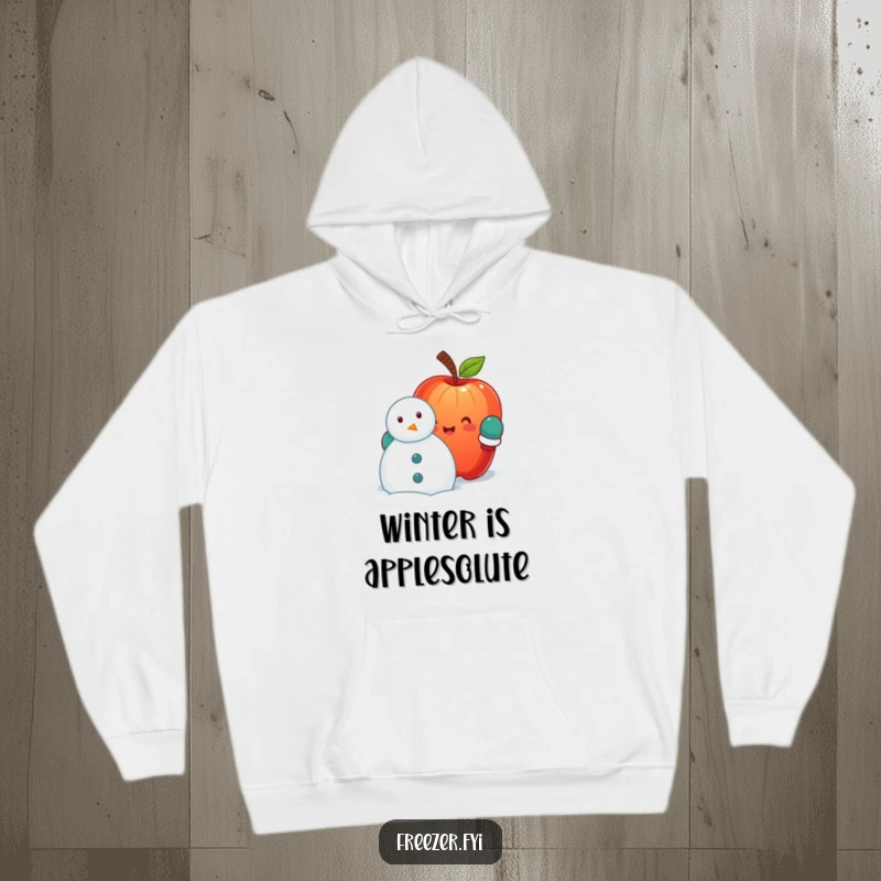 Funny hoodie featuring a determined apple in mittens, enthusiastically building a snowman, perfect for cozy, humorous winter days and nights.