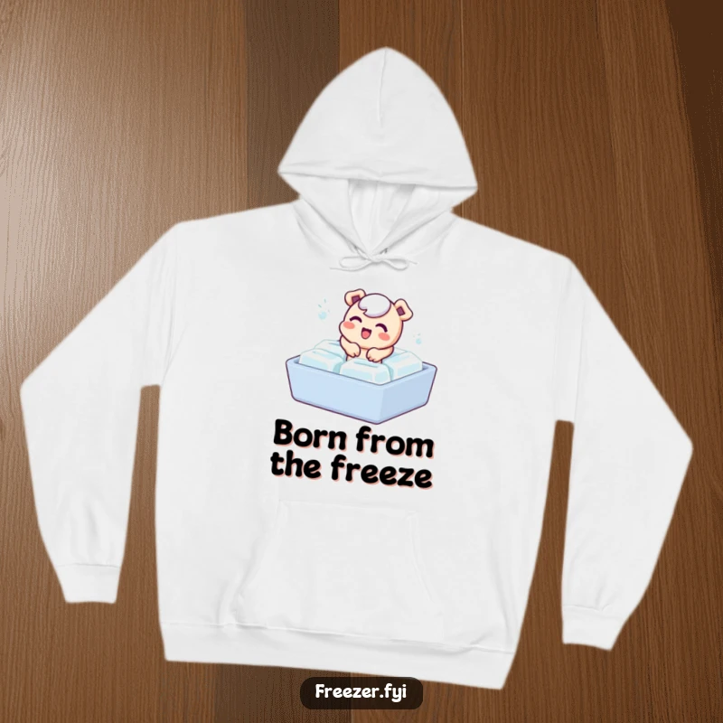 Funny hoodie with a bubbly character playfully emerging from an ice cube tray, offering cozy comfort and hilarious vibes.