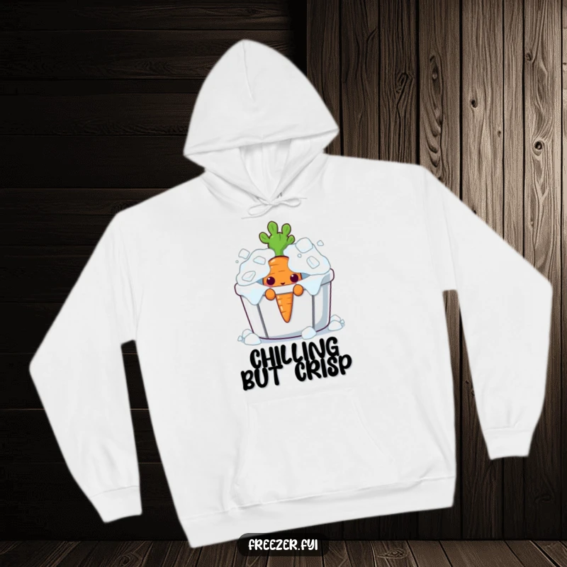 Funny curious carrot character peeking out from an overflowing ice bin on a warm and cozy hoodie.
