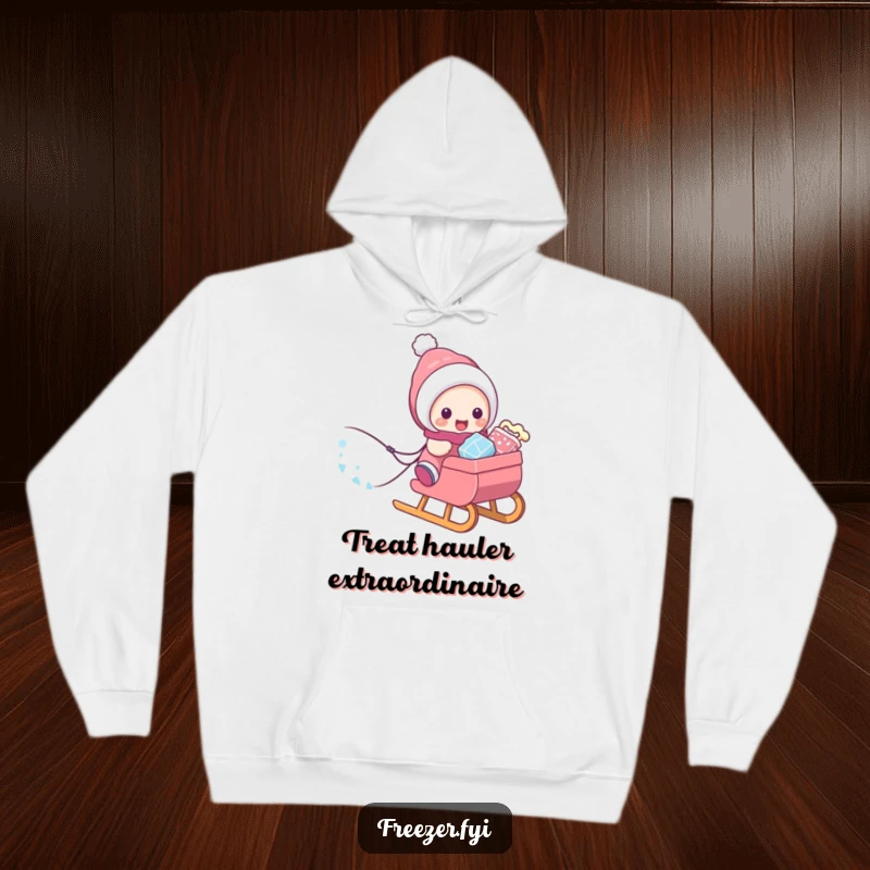 Funny hoodie depicting a character pulling a sled overflowing with frosty treats, a symbol of winter's delicious rewards.
