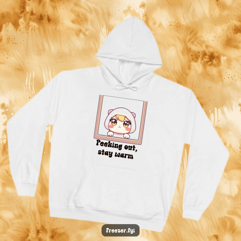 Funny hoodie depicting a character with anxious, wide eyes peeking through a cold, frosty window, perfect for chilly weather and humor lovers.