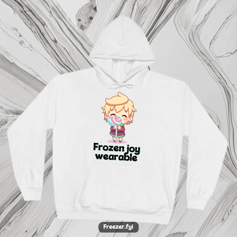 Funny hoodie designed with a character joyfully spinning a frozen lollipop stick, offering cozy comfort and a humorous sweet-themed design.
