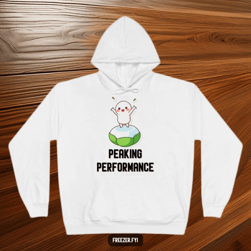 Funny hoodie depicting a happy character in mid-dance on a small frozen pea, radiating joy and silliness.
