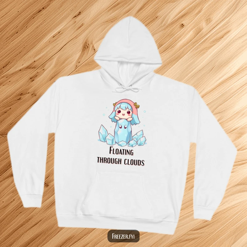 Funny hoodie showing a character happily drifting among floating ice crystals, exuding a tranquil winter aura.