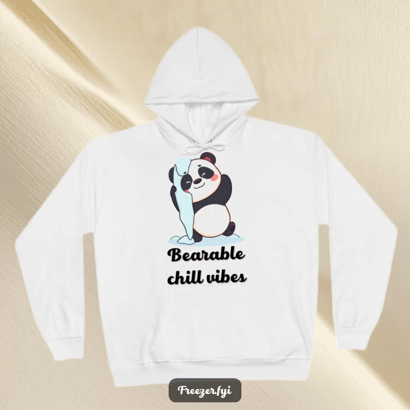 Funny panda hoodie showcasing a playful panda hugging a large icicle, offering cozy warmth and humorous charm.