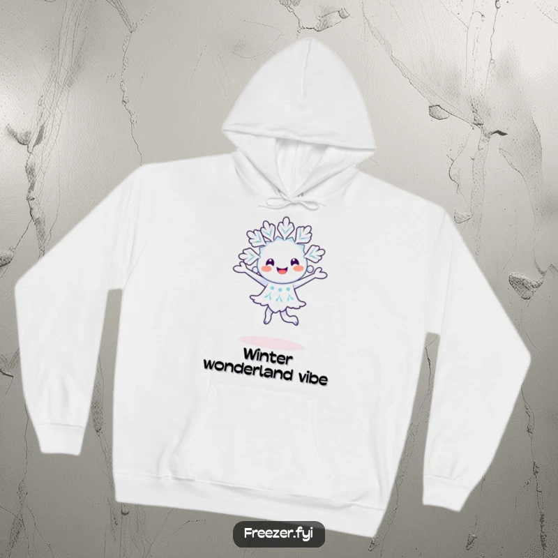 Funny happy snowflake character performing a joyful pirouette on a warm and comfortable hoodie.