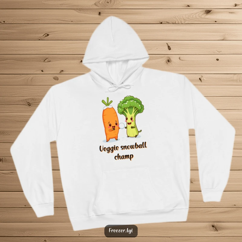 Funny hoodie depicting a cheerful carrot throwing snowballs at a bewildered broccoli floret, a warm and humorous design.