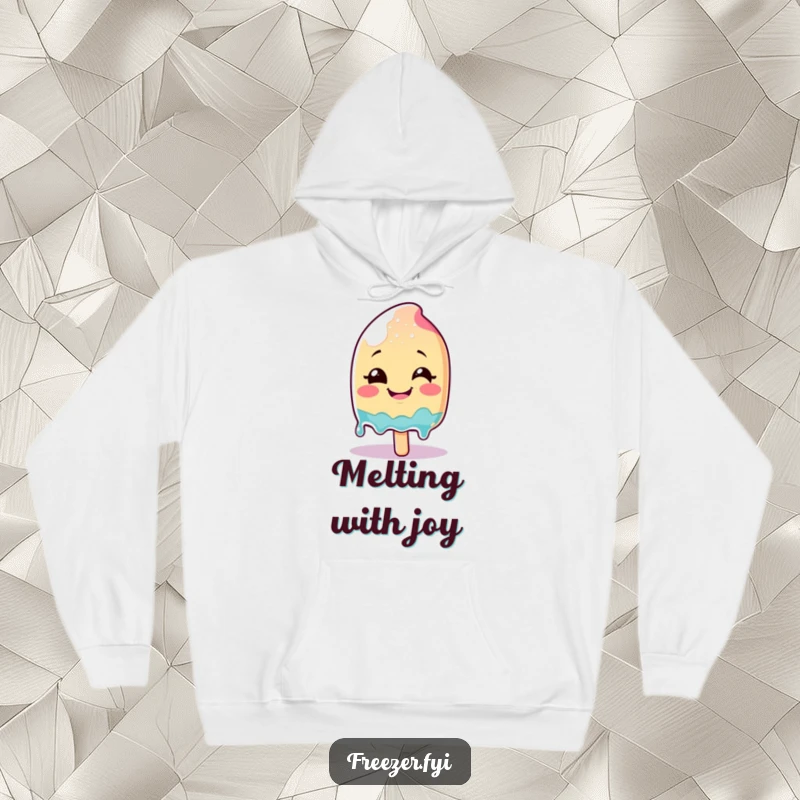 Funny smiling popsicle character melting with glee on a warm and cozy hoodie, ideal for cool evenings.