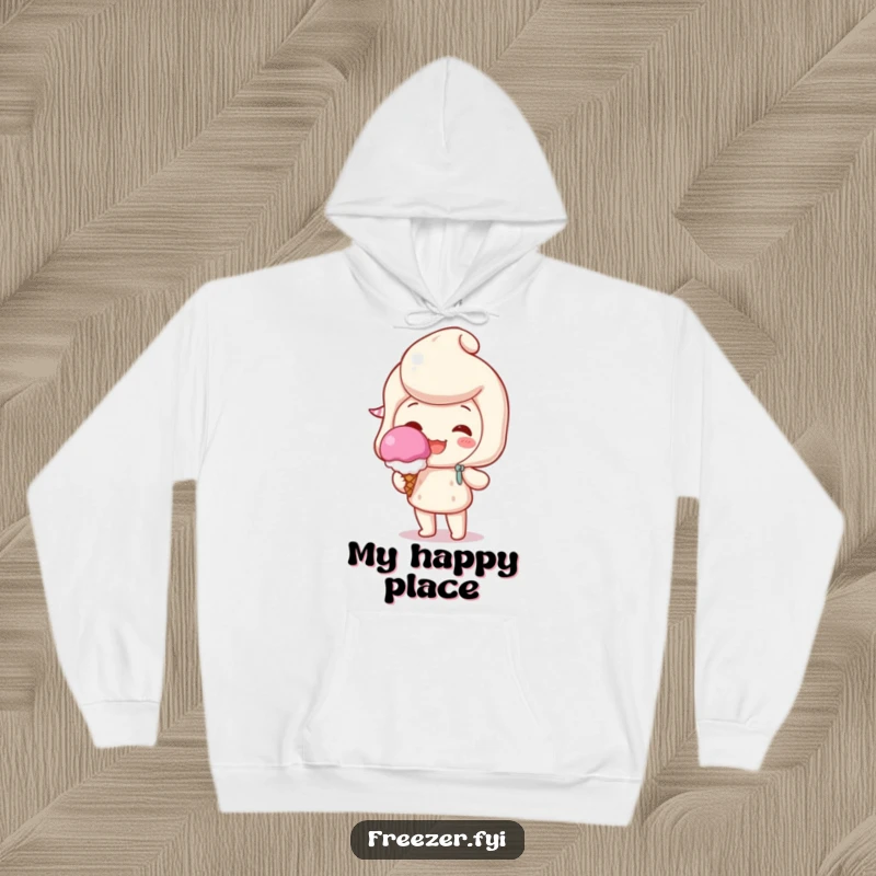Funny hoodie with a character beaming happily while holding a single, perfect scoop of ice cream, perfect for sweet, cozy vibes.