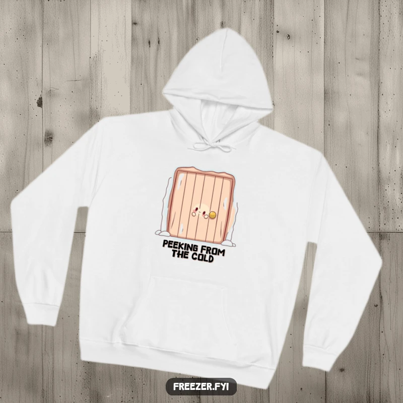 Cozy hoodie featuring a character playfully peeking out from behind a large, frosty door, offering warmth and a hint of playful mystery.