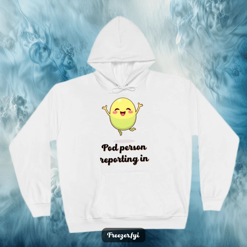 Funny pea pod hoodie showcasing a happy character in a comical, spontaneous jumping pose, full of zest.