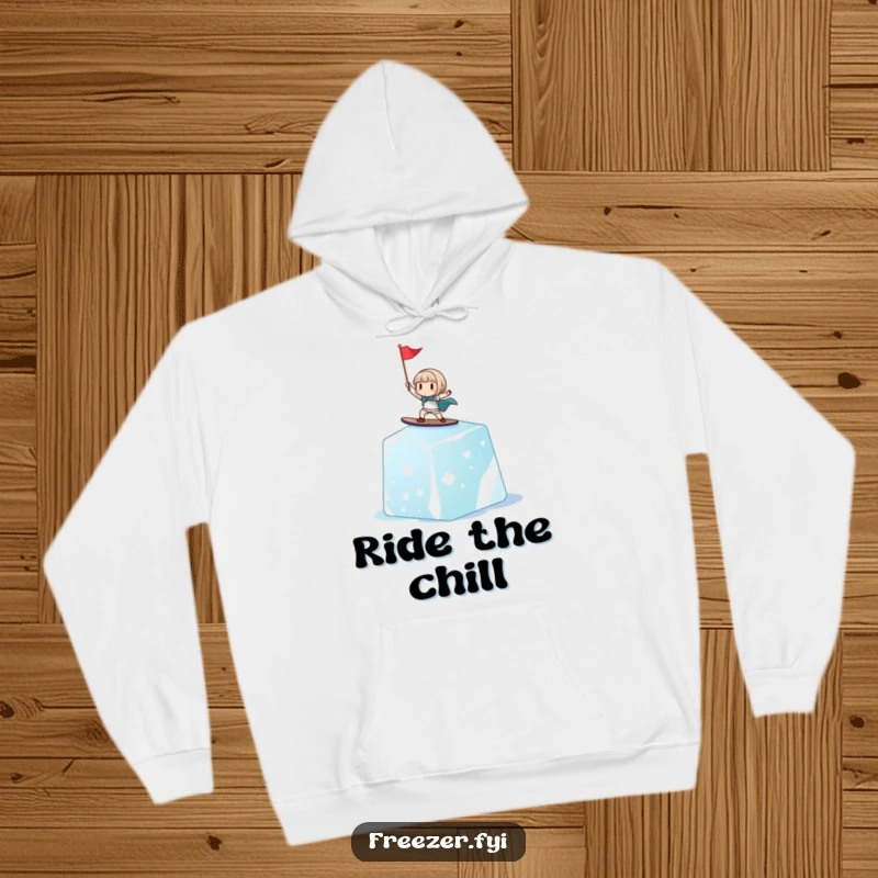 Funny hoodie featuring a cheerful tiny character surfing a giant ice cube, holding a small flag, offering warmth and humorous winter vibes.