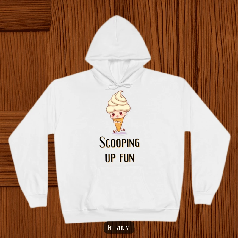 Funny hoodie featuring a character playfully nudging a massive ice cream scoop, embodying decadent dessert humor.