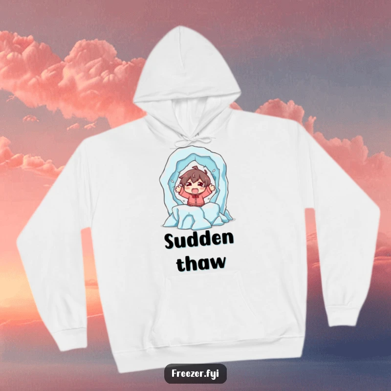Funny hoodie illustrating a character's shocked and dramatic escape from a melting ice sculpture, offering warmth and humorous relatability.