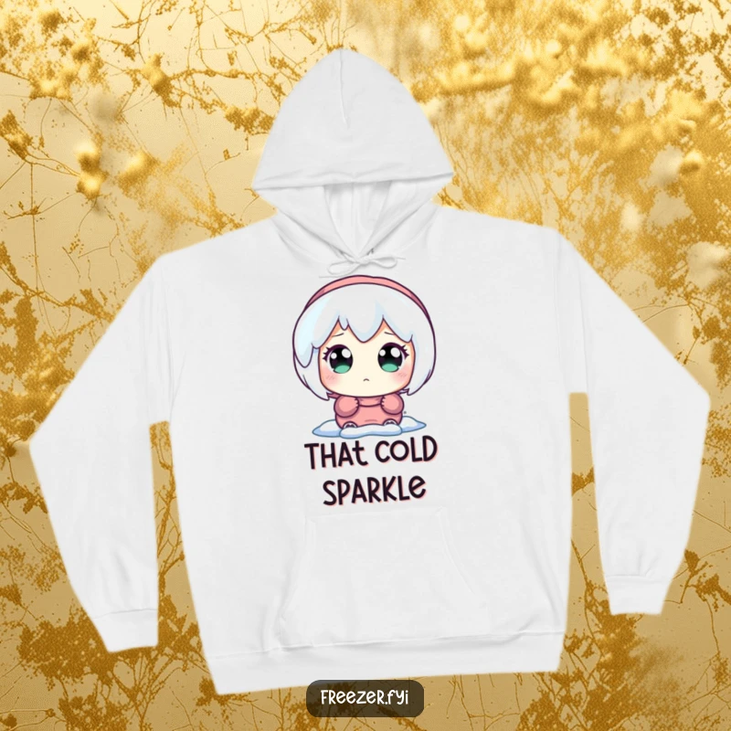 Funny hoodie featuring a character with wide, astonished eyes focused on a radiant, glowing icicle, capturing a moment of awe.