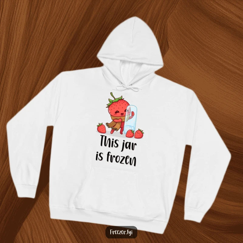 Funny hoodie featuring a determined strawberry in a scarf, comically struggling with a frozen jar, ideal for winter comfort and humor.
