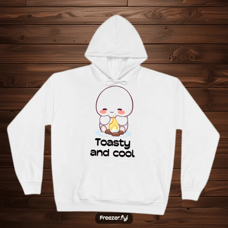 Funny hoodie of a rosy-cheeked character happily warming their hands by a small, glowing ice fire, offering warmth and a touch of whimsical comfort.