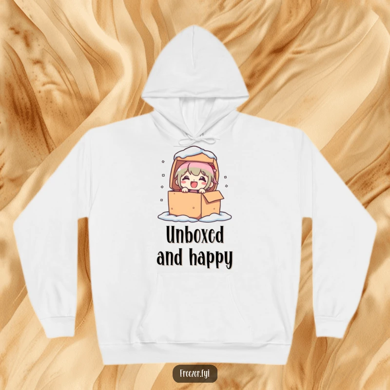 Funny hoodie showing a character popping out of a frozen box with sheer delight on their face. Cozy and humorous apparel.