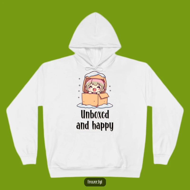 Funny Frozen Box Hoodie: Cozy Character's Delighted Surprise Gag Gift