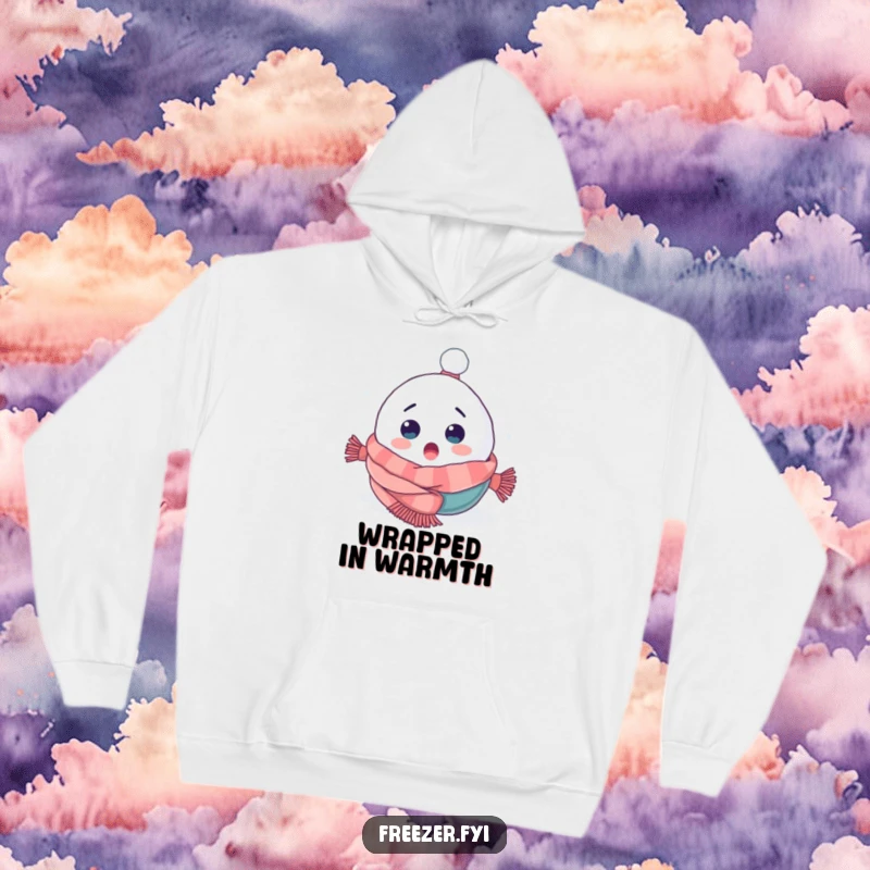 Funny hoodie featuring a surprised snowball character tumbling headfirst into a cozy scarf, perfect for staying warm amidst winter fun.