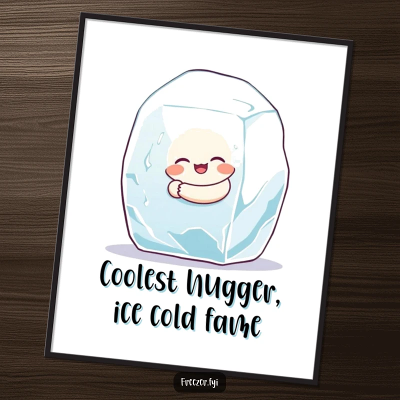 Funny free printable wall art: a small, round character embracing a giant ice cube with evident joy.