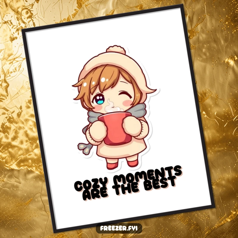 Free Printable Wall Art: Cozy character wearing mittens, holding a steaming mug, a relaxing and warm downloadable.