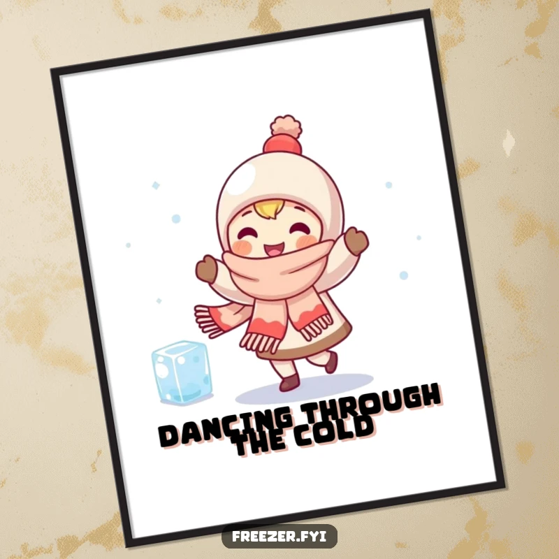 Funny Free Printable Wall Art: Character wearing a thick scarf happily dancing with a shivering ice cube. Whimsical winter art.