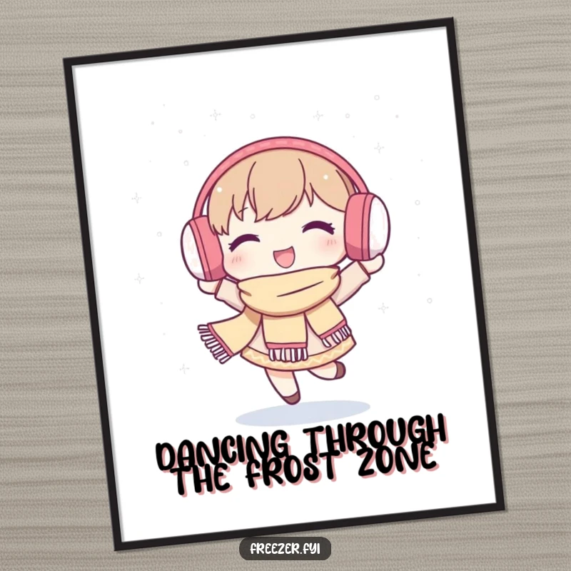 Funny Free Printable Wall Art: A character joyfully dances in a snowy scene, complete with earmuffs and scarf, embodying winter fun and happiness.