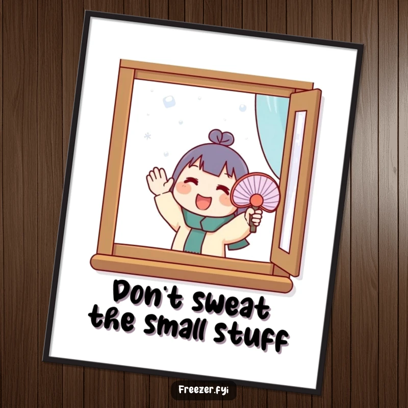 Funny Free Printable Wall Art: Character enthusiastically waving a fan at a frosty window, a humorous downloadable piece.