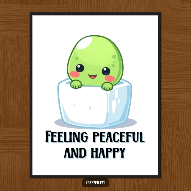 Funny Free Printable Wall Art of a smiling pea character peeking out from a tiny ice cube.
