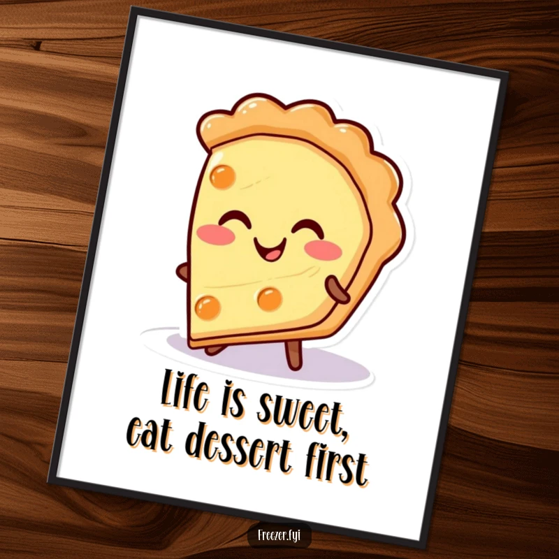 Funny Free Printable Wall Art: A happy pie slice character with a wide, warm smile, originating from a cold surface.
