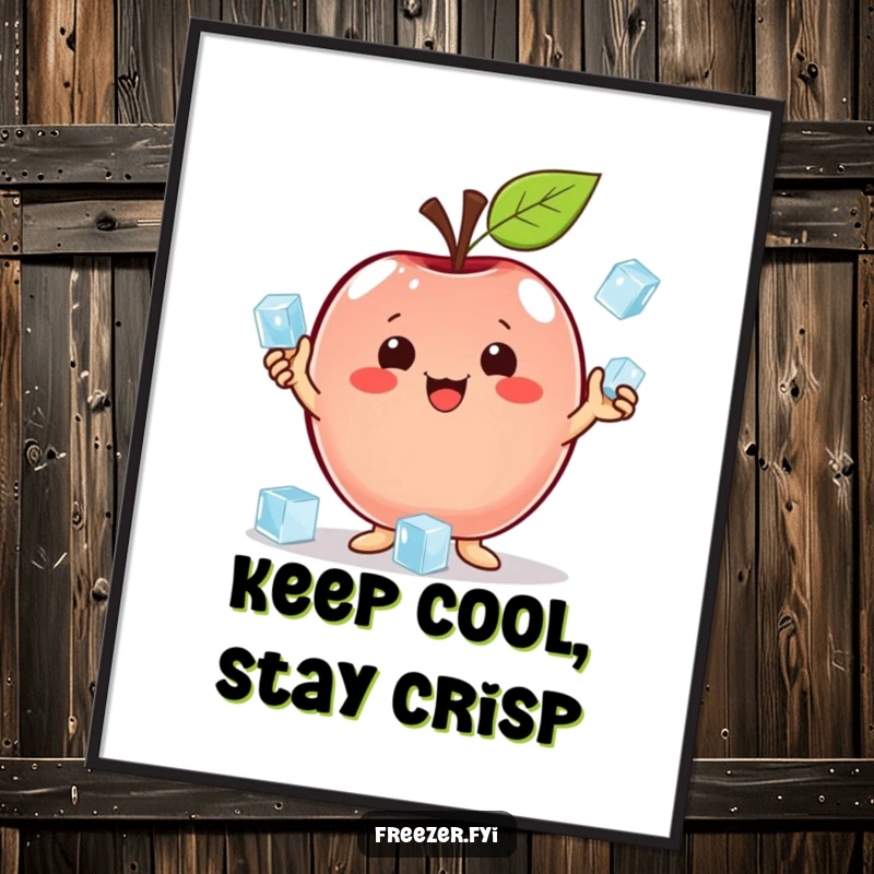 Funny Free Printable Wall Art: A proud apple character masterfully juggles a handful of tiny, sparkling ice cubes.