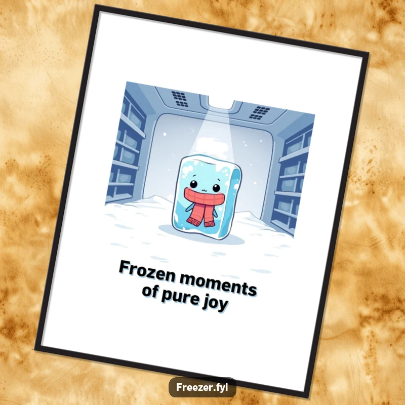 Funny Free Printable wall art of a lonely ice cube wearing a scarf, shivering in a vast freezer, a hilariously cold decorative piece.