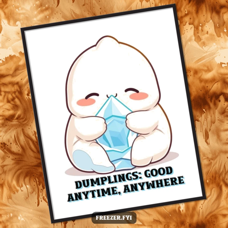 Funny Free Printable Wall Art: A heartwarming scene of a smiling dumpling cuddling a tiny, shivering ice crystal, adding comfort.