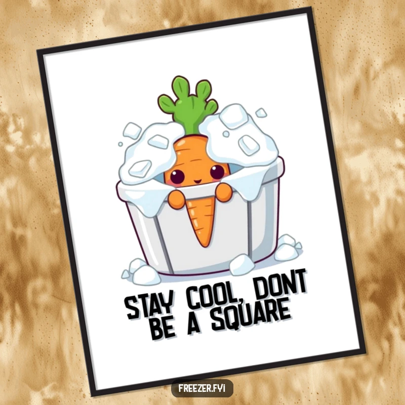 Funny Free Printable Wall Art: A curious carrot peeking from an ice bin, ideal for quirky downloadable decor.