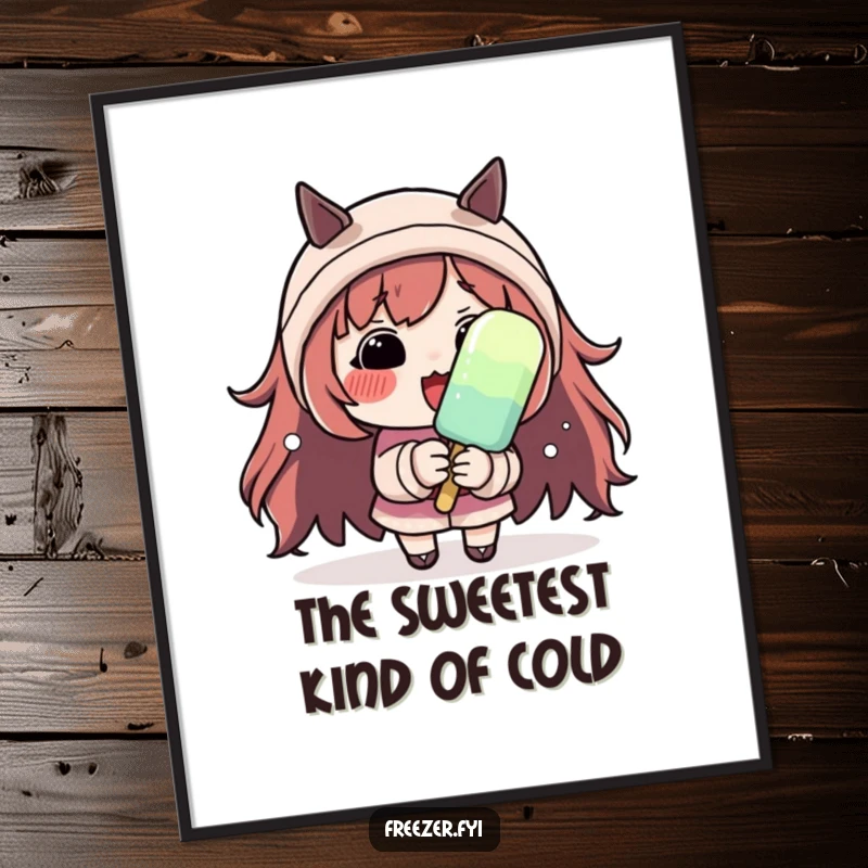 Funny Free Printable Wall Art: Character with rosy cheeks shivering dramatically while holding a mini popsicle. Dramatic winter art.