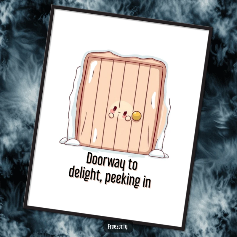 Funny Free Printable Wall Art: Character playfully peeking from behind a large, frosty door, creating a sense of mystery and fun.